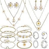 Tondiamo 17 Pcs Daisy Pearl Jewelry Set for Women Daisy Pearl Gold Plated Dainty Necklace Earrings Rings Layer Charm Bracelets Gifts for Valentines Women