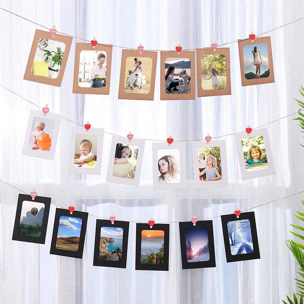 DIY Photo Display String and Pegs 30pcs Kraft Paper Picture Photo Frames Collage Wall Decor