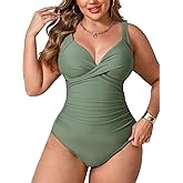 CUPSHE Women Plus Size One Piece Swimsuit V Neck Tummy Control Twisted Front Bathing Suit Adjustable Straps