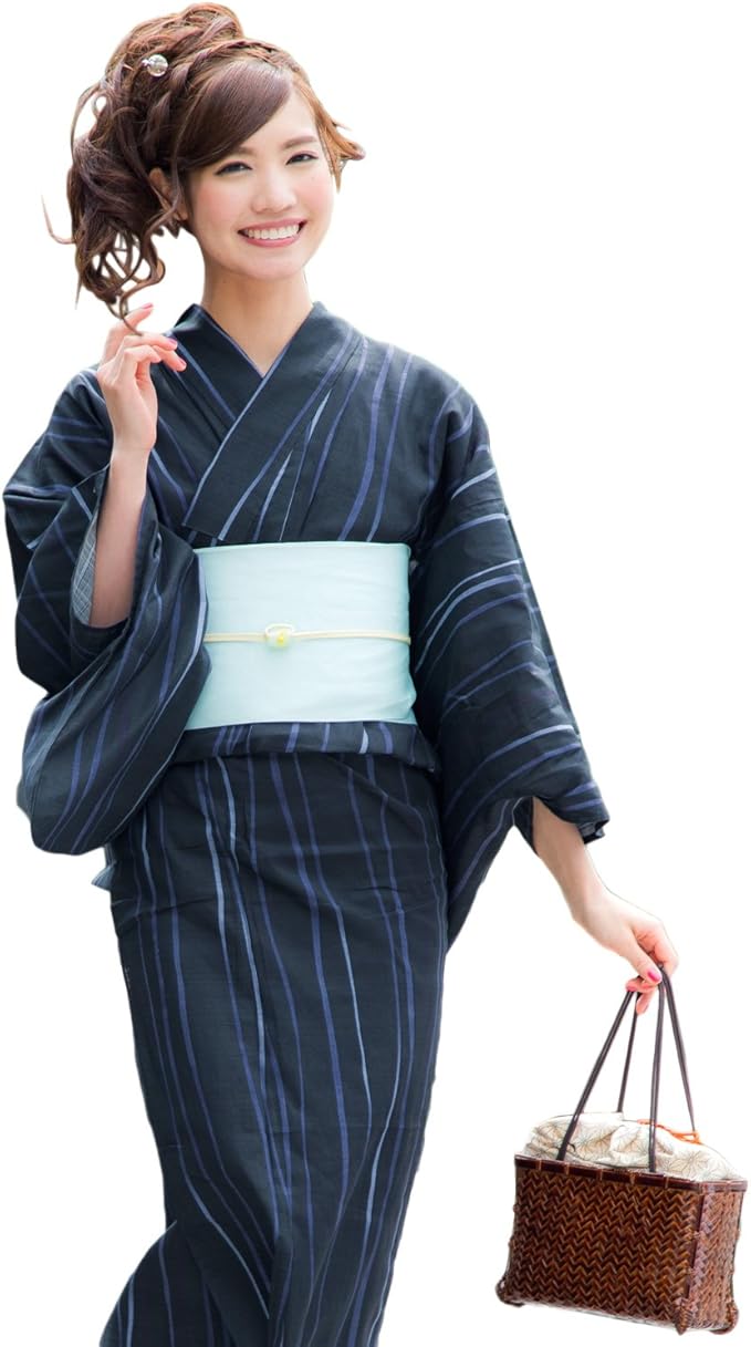 Amazon 浴衣 女 セット 黒地によろけ縞 変わり織り浴衣3点セット