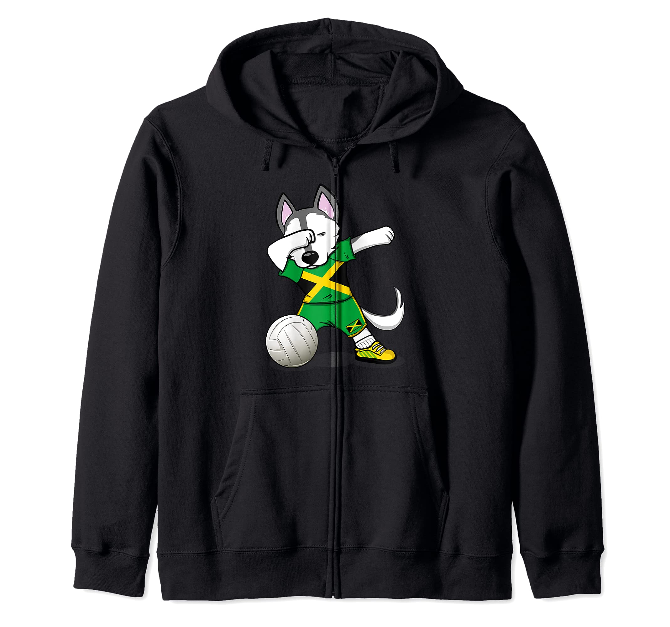 Dabbing Husky Jamaica Volleyball Fans Jersey Jamaican Flag Zip Hoodie — image 1