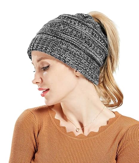 EINSKEY Pferdeschwanz Mütze Damen Mädchen Winter Warme Strickmütze Beanie Cap mit Loch für Zopf