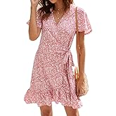 Naggoo Women's Summer Wrap Dresses V Neck Polka Dot Print Ruffle Short Sleeve Mini Floral Boho Dress with Belt