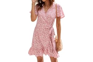 Naggoo Women's Summer Wrap V Neck Polka Dot Print Ruffle Short Sleeve Mini Floral Dress with Belt