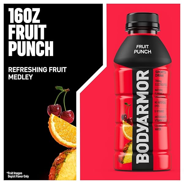 BODYARMOR SPORTS DRINK SPORTS BEVERAGE, FRUIT PUNCH, COCONUT WATER HYDRATION, NATURAL FLAVORS WITH VITAMINS, POTASSIUM-PACKED ELECTROLYTES, PERFECT FOR ATHLETES, 16 FL OZ (PACK OF 12)