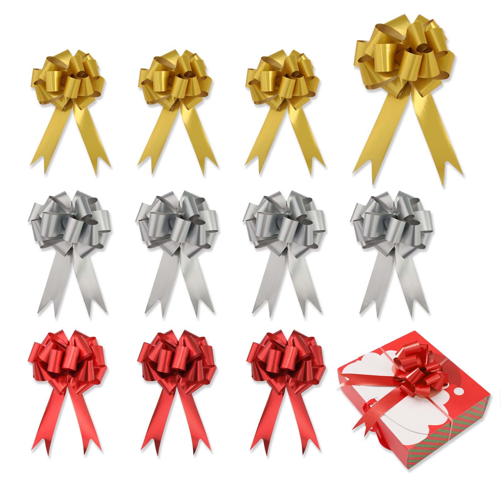 Whaline 36Pcs Large Pull Bows - 3 Colors Wrapping Supplies for Xmas Tree, Birthday, Wedding, Baby Shower - Red, Silver, Gold Holiday Decorative Bows for Present Basket
