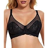 Skythink Womens Minimizer Bra Full Coverage Unlined Underwire Support Floral Lace Bralette with Mesh Cups Plus Size Bras