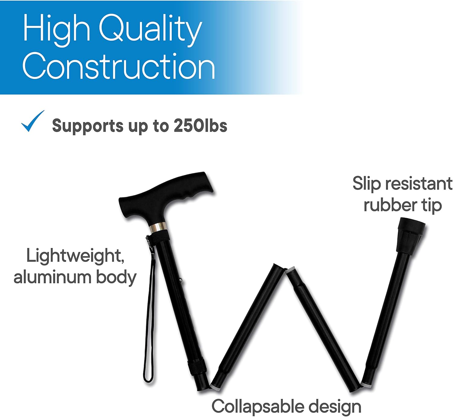 RMS Folding Cane - Foldable, Adjustable, Lightweight Aluminum Offset Walking Cane - Collapsible Walking Stick with Ergonomic Derby Handle - Ideal Daily Living Aid for Limited Mobility (Black): Health & Personal Care