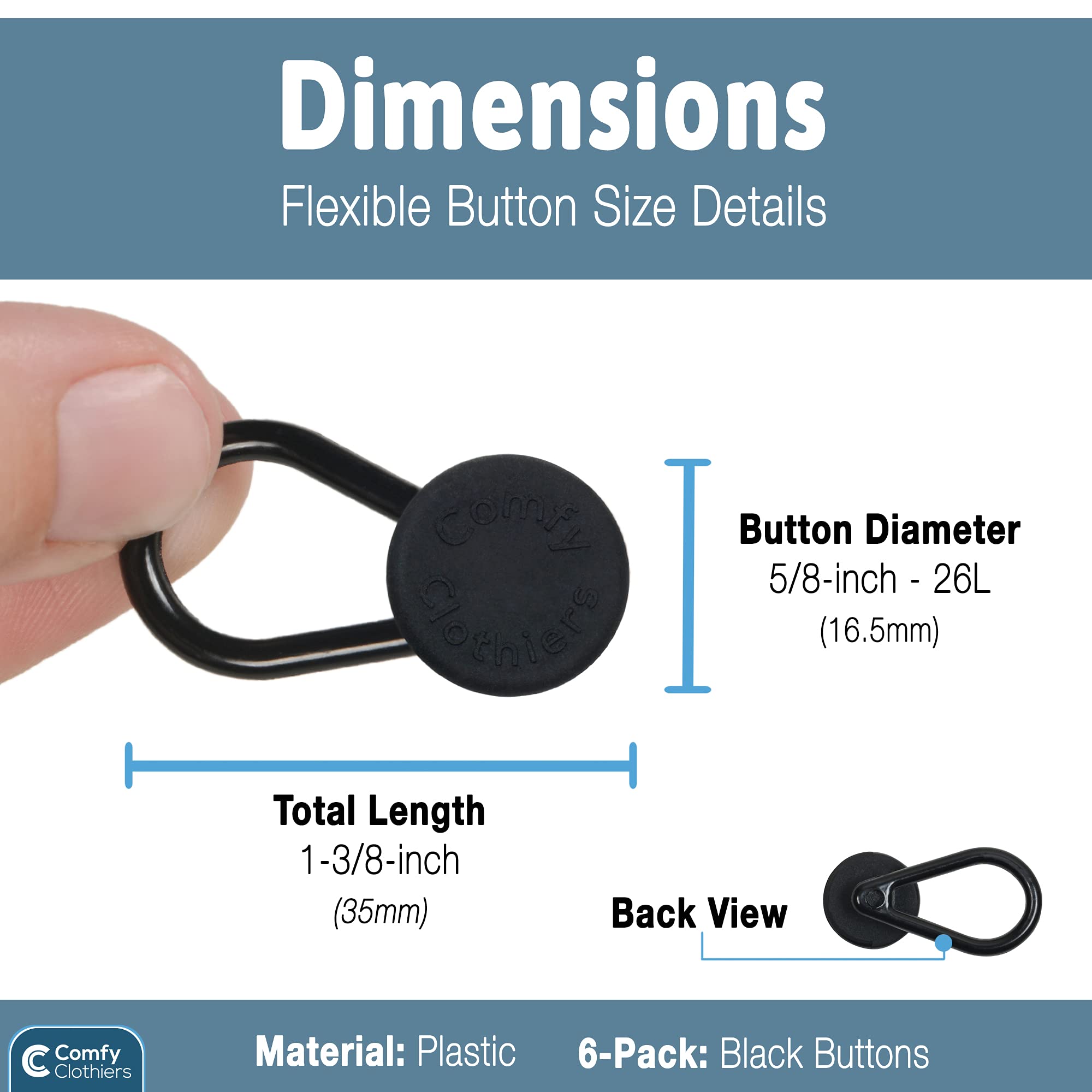 Comfy Clothiers Unisex Flexible Button Waist Extenders (6-Pack, Black) - Adds 1-2 Inches to Pants Waistline - Jeans, Dress Pants, Shorts, Skirts - No Sewing Required - Net Focus