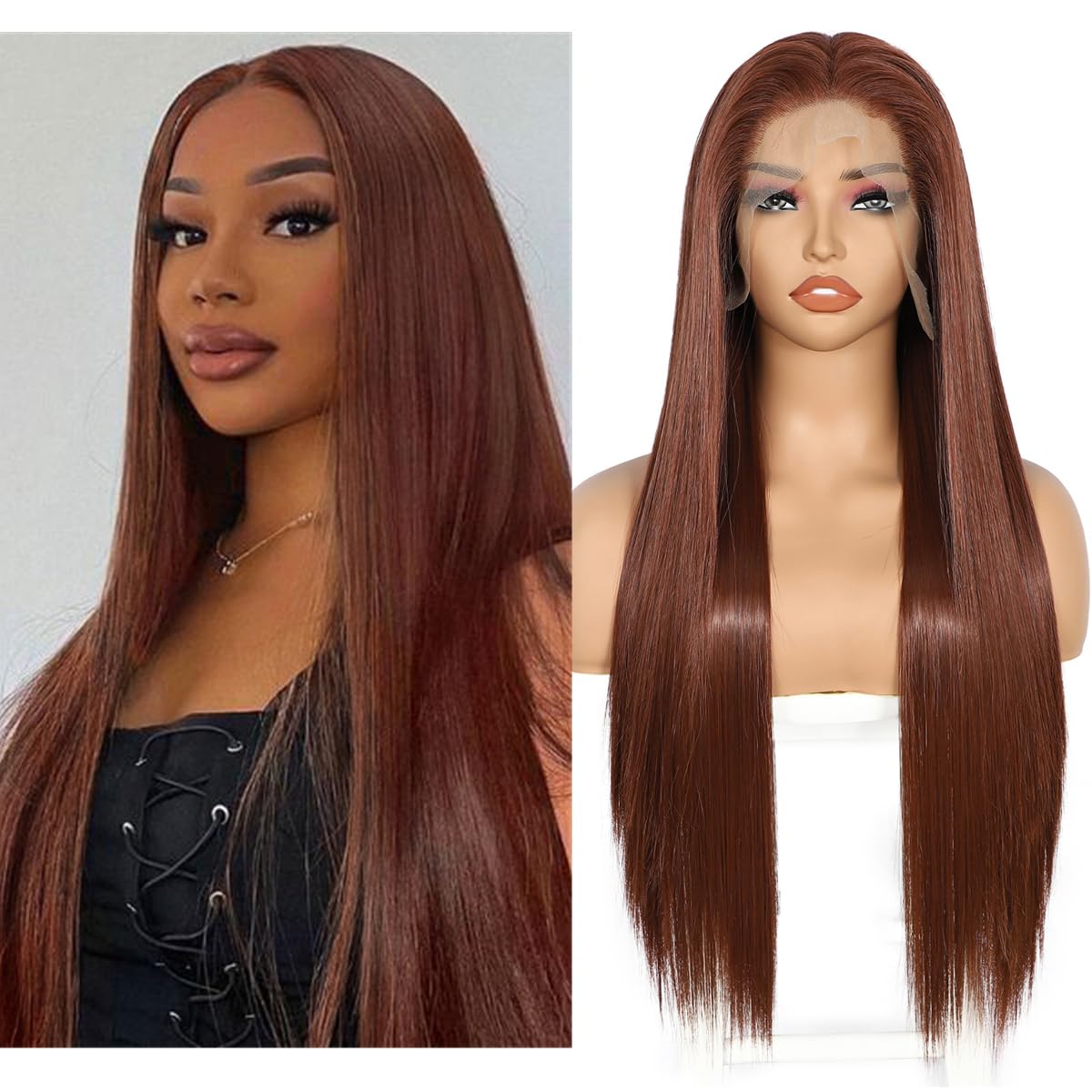 Sapphirewigs 13x6 Straight Lace Front Wigs Reddish Brown Long Straight Wig for Women Lace Front Synthetic Hair 150% Density Party Daily Wear Heat Resistant 26inch — image 1