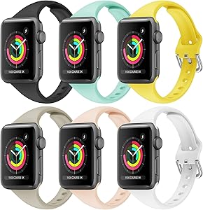 6 Pack Sport Bands for Apple Watch, Compatible for Apple Watch 42mm 44mm 38mm 40mm, Ultra-Thin Soft Silicone Sports Replacement Strap for Apple Watch Series 6/5/4/3/2/1/SE, Multicolor Choice