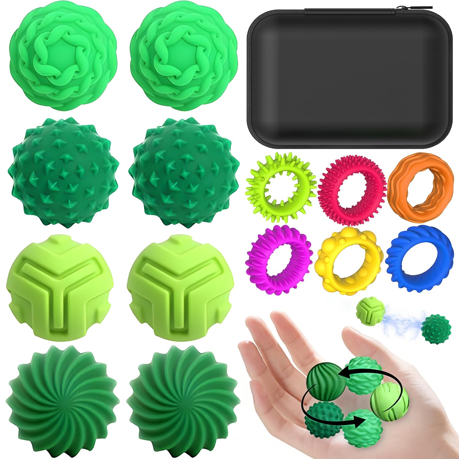 8Pcs Magnetic Balls Fidget Toy with 6Pcs Sensory Rings, Silicone Textured Soft Tactile Magnet Ball Stress Anxiety Relief Toys, Quiet Office Gifts for Adults Teens Women Men Autism ADHD (Green)