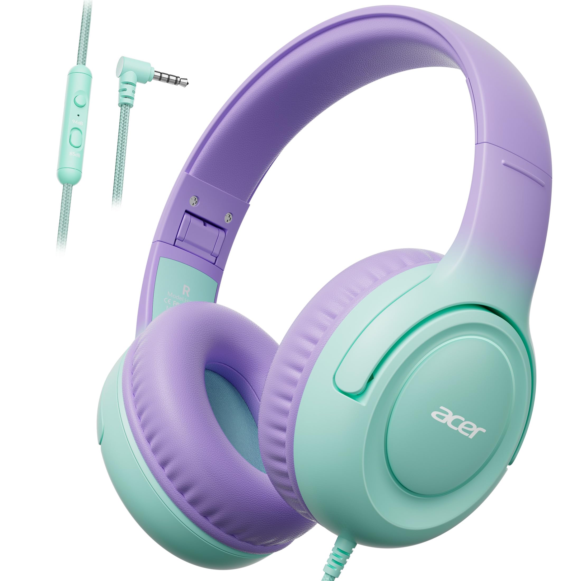 acer Kids Headphones - 85/94dB Volume Limiter, Foldable Wired Over Ear Headphones for Travel, 3.5mm Jack, Toddler Headphones for School, Travel, iPad, Tablet, Purple Green, HK03 Image