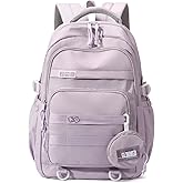 LANSHIYA Cute Aesthetic Backpack for Girls Middle School Students Bookbag Teens Solid Color Lightweight Travel Daypack Casual Schoolbag with Coin Pouch,Purple