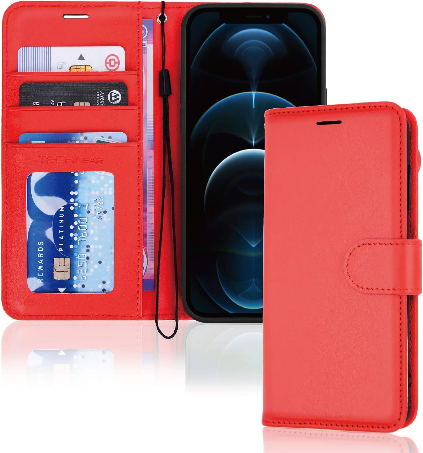 TECHGEAR iPhone 12 Pro Max Leather Wallet Case, Flip Protective Case Cover with Wallet Card Holder, Stand and Wrist Strap