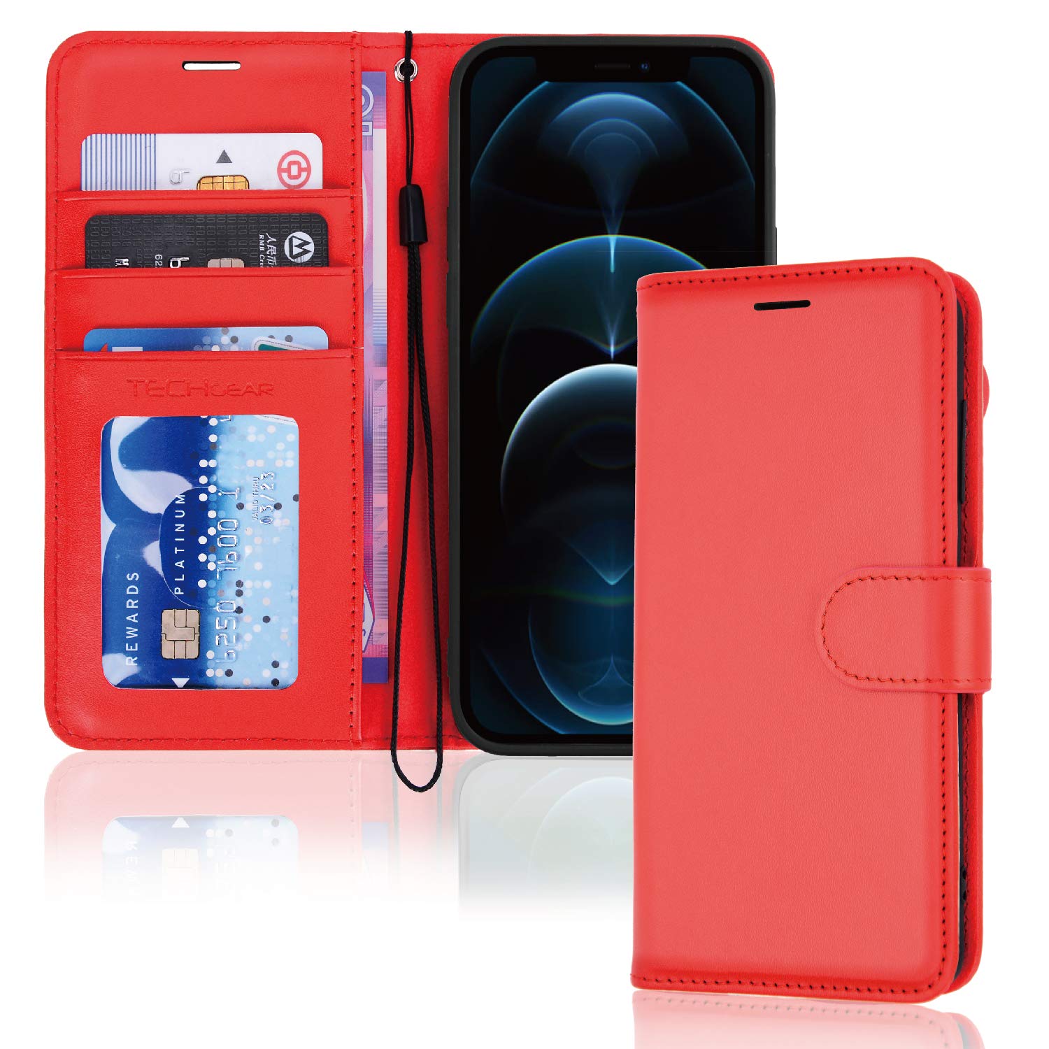 TECHGEAR iPhone 12 Pro Max Leather Wallet Case, Flip Protective Case Cover with Wallet Card Holder, Stand and Wrist Strap - Red PU Leather with Magnetic Closure Designed for iPhone 12 Pro Max 6.7"