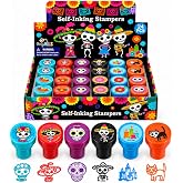 TINYMILLS Day of the Dead Stamp Set – 24 Pcs Self-Inking Stamper Kit with Sugar Skull & Floral Designs Día de Los Muertos Party Favors, Classroom Prizes, Non-Candy Goodie Bag Fillers