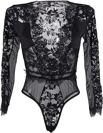 ohyeahlady Women's Lace Bodysuit Plus Size Teddy Leotard Long Sleeve Clubwear Top M-5XL at 