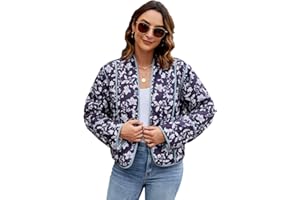 Yozazzy Women's Cropped Floral Quilted Jacket Lightweight Open Front Padded Puffer Coat
