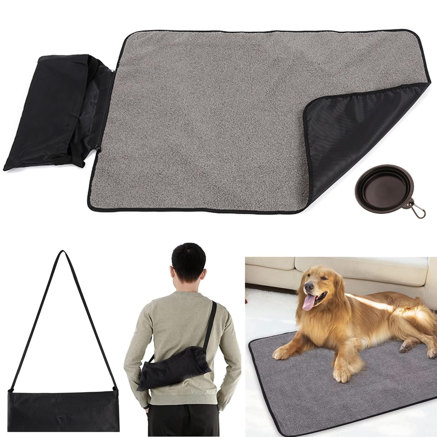Foldable Plush Pet Blanket Waterproof Oxford Fabric Blanket for Dog Puppy Cat Pet Mat with Storage Bag for Outdoor Camping Covered (Black)