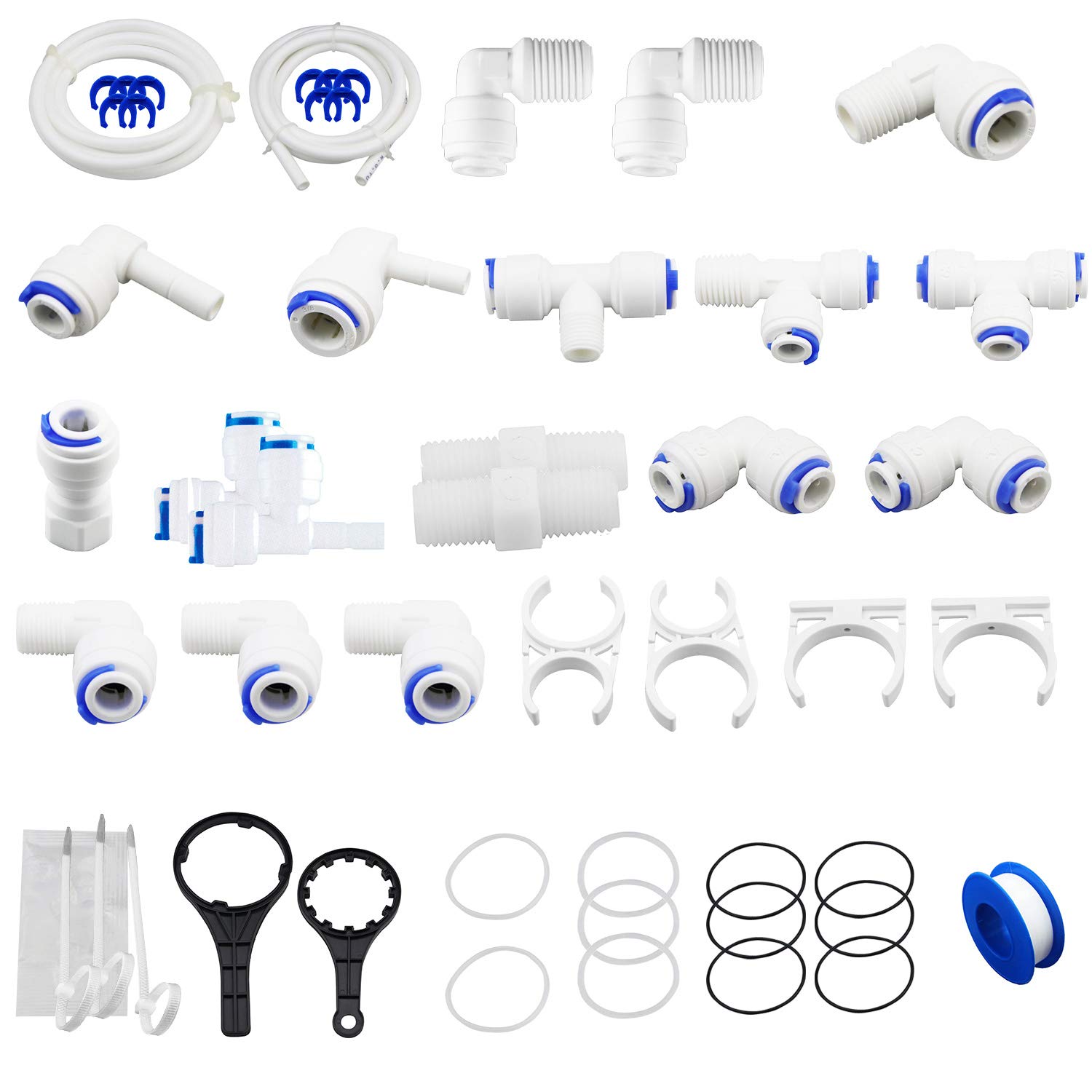 Geekpure Accessories Set Parts Kit for Reverse Osmosis System (1/4" 3/8" Tube Quick Connector Fittings Wrench Included -Pack of 61)