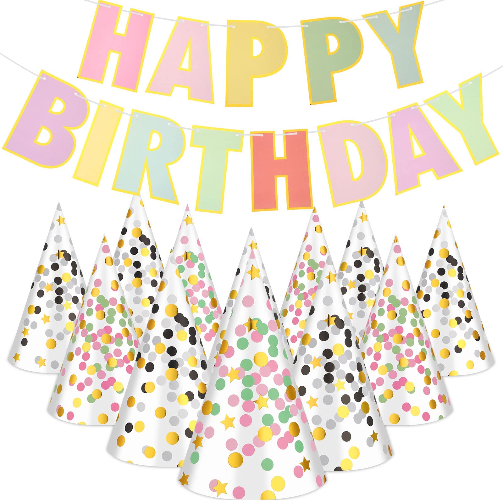 Photo 1 of 20 Pcs Pink Birthday Party Hats for Kids Classroom Pastel Colors Party Hats with Rainbow Pastel Banner Star Dot for Kids Birthday Decorations