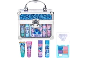 Disney Stitch Beauty Mini Train Case Set Includes Lip Gloss Tube, Lip Balm, Lip Gloss Compact for Girls Parties, Sleepovers by Townley Girl