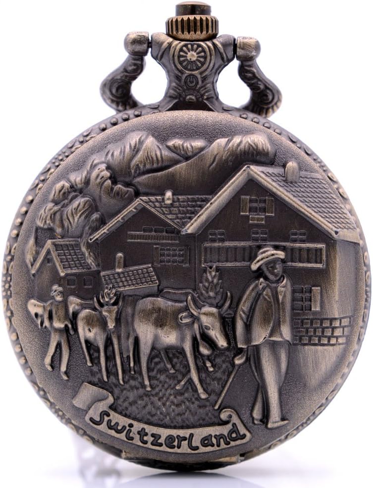 Vintage Bronze Switzerland Farmer Quartz Pocket Watch with Chain, Mens Womens Analog Pocket Watch with Box for Birthday