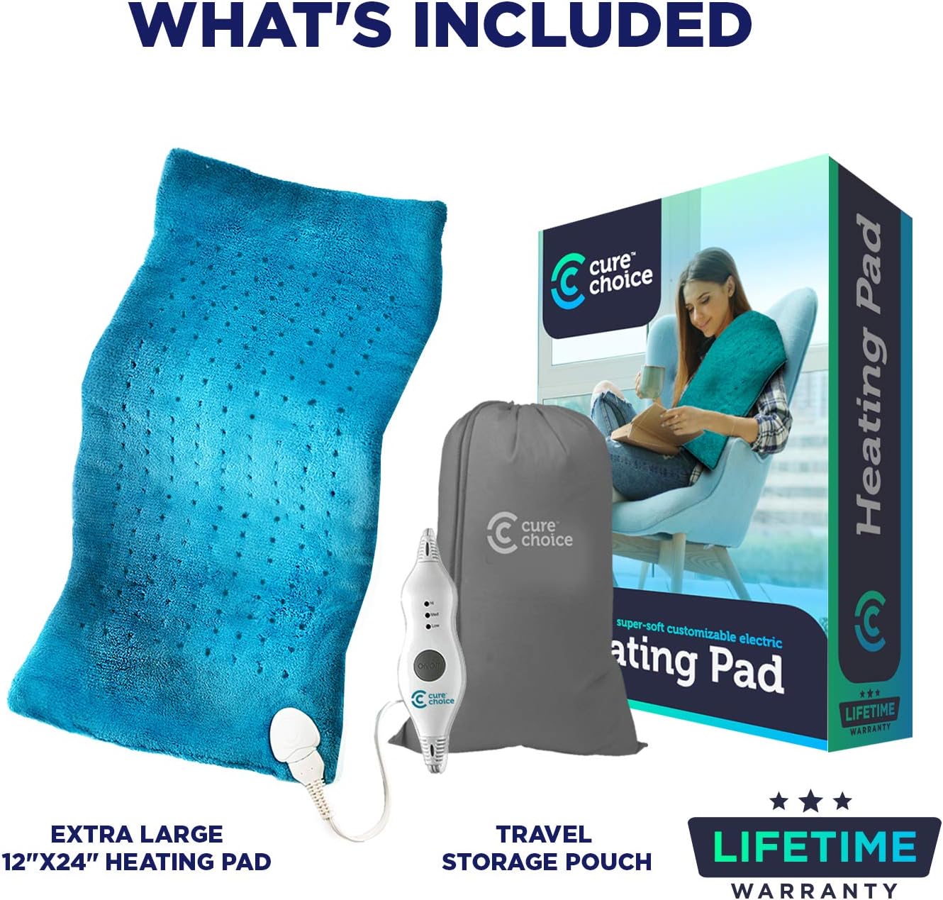 Cure Choice Large Electric Heating Pad for Back Pain Relief + Storage Pouch, Ultra Soft 12"x24" Heating pad for Muscle Cramps - Heated Pad with Adjustable Temperature Settings (Blue): Health & Personal Care