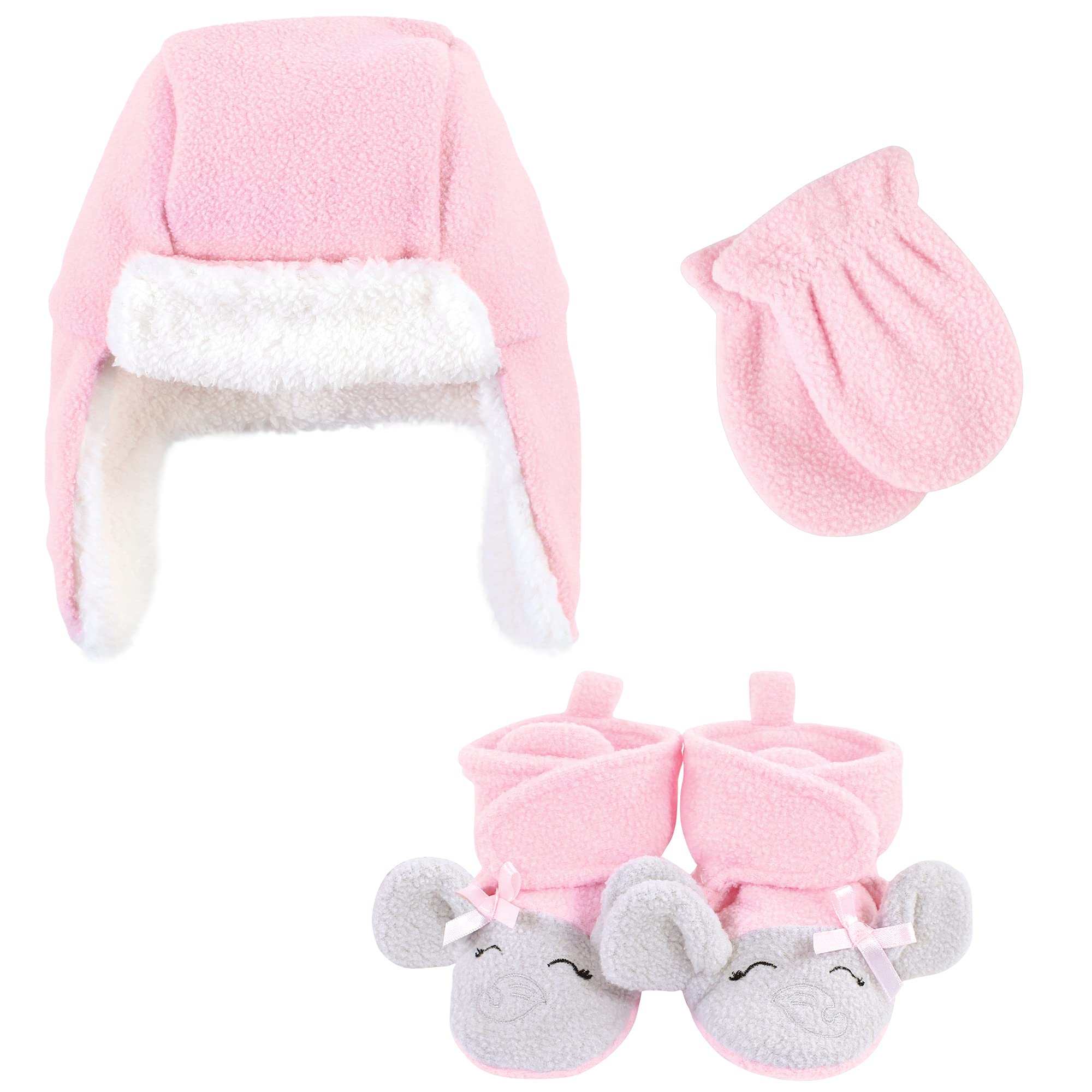 Photo 1 of Hudson Baby baby girls Hat, Set, Elephant, 0-6 Hudson Unisex Trapper Hat Mitten and Bootie Set Pink Gray Elephant 0 6 Months, Pink Gray Elephant, Months US