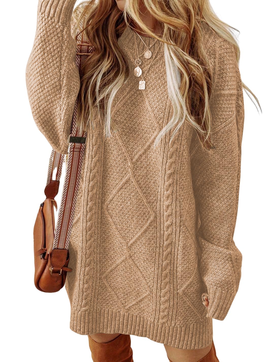 Photo 1 of ZAFUL Women's Cable Knit Sweater Dress Long Sleeve Loose Crew Neck Pullover Tunic Mini Sweater Dress Fall Winter Outfits Khaki XL