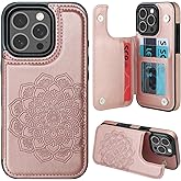 MMHUO for iPhone 16 Pro Case with Card Holder,Flower Magnetic Buttons Protective Wallet Case for Women for iPhone 16 Pro (6.3 Inch),Rose Gold