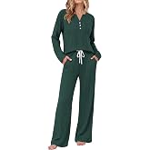 Ekouaer Women's 2 Piece Lounge Set Long Sleeve Knit Ribbed Pajama Sets | Henley Top &amp; Drawstring Wide Leg Pant, Casual Loungewear with Pocket, 2026 Trendy Fall Outfits, Travel Airport Matching Set
