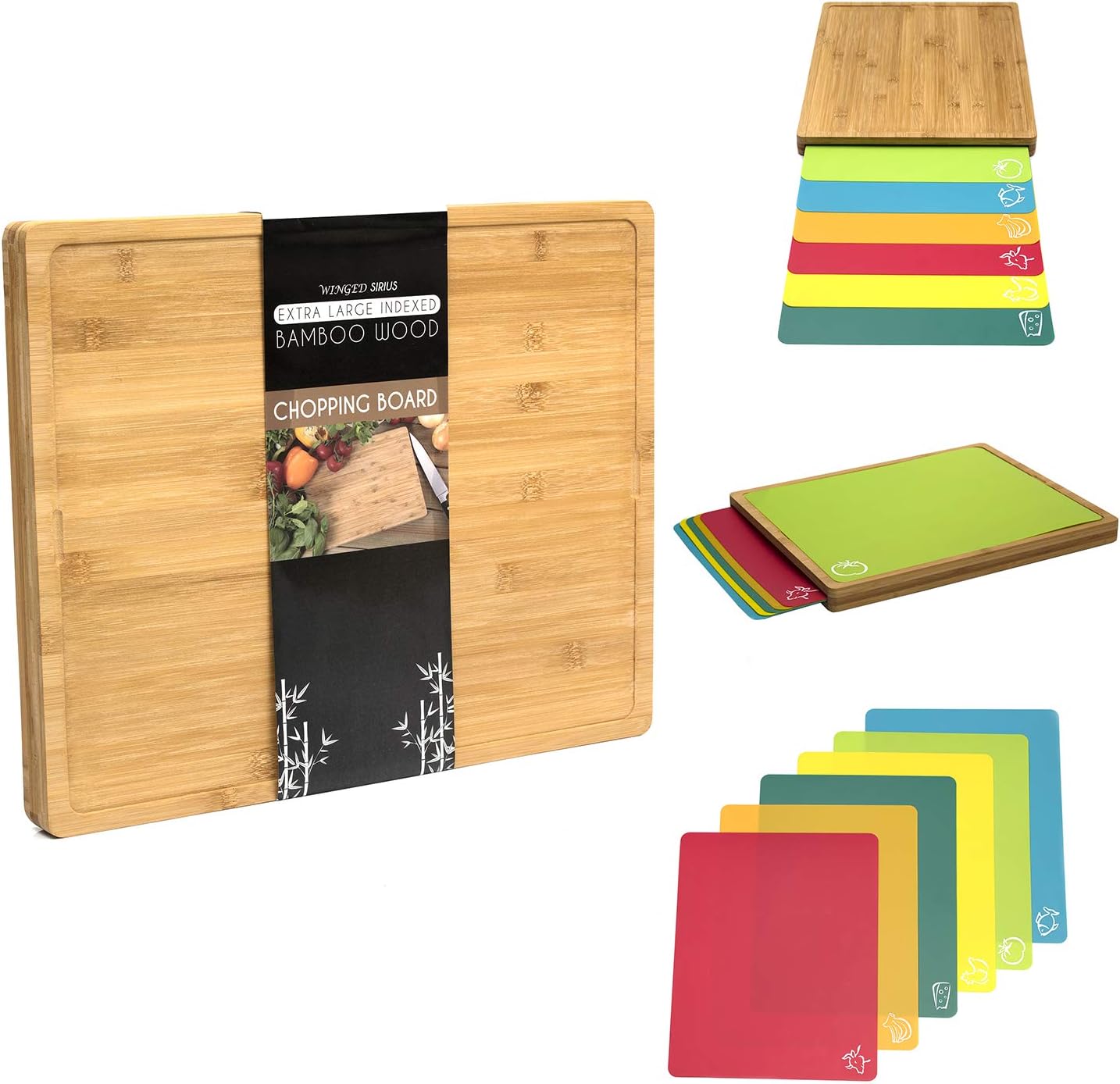 Winged Sirius 8 in 1 Extra Large Bamboo Wooden Chopping Boards Set including 7 Colour Coded PP Mats (Meat Bread Fish Cheese Dairy) Organic Antibacterial Odour Resistant Dishwasher Safe (42 X 34 X 3.5cm)