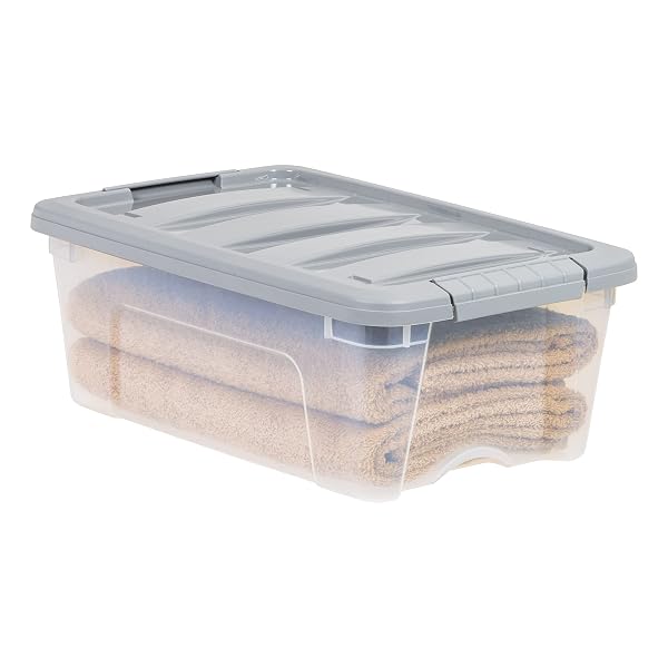 AMAZON BASICS PLASTIC STORAGE CONTAINERS WITH SECURE LATCHING LIDS, STACKABLE ORGANIZATION BINS FOR ORGANIZING, CLEAR/GREY, 12 QUART, SET OF 6