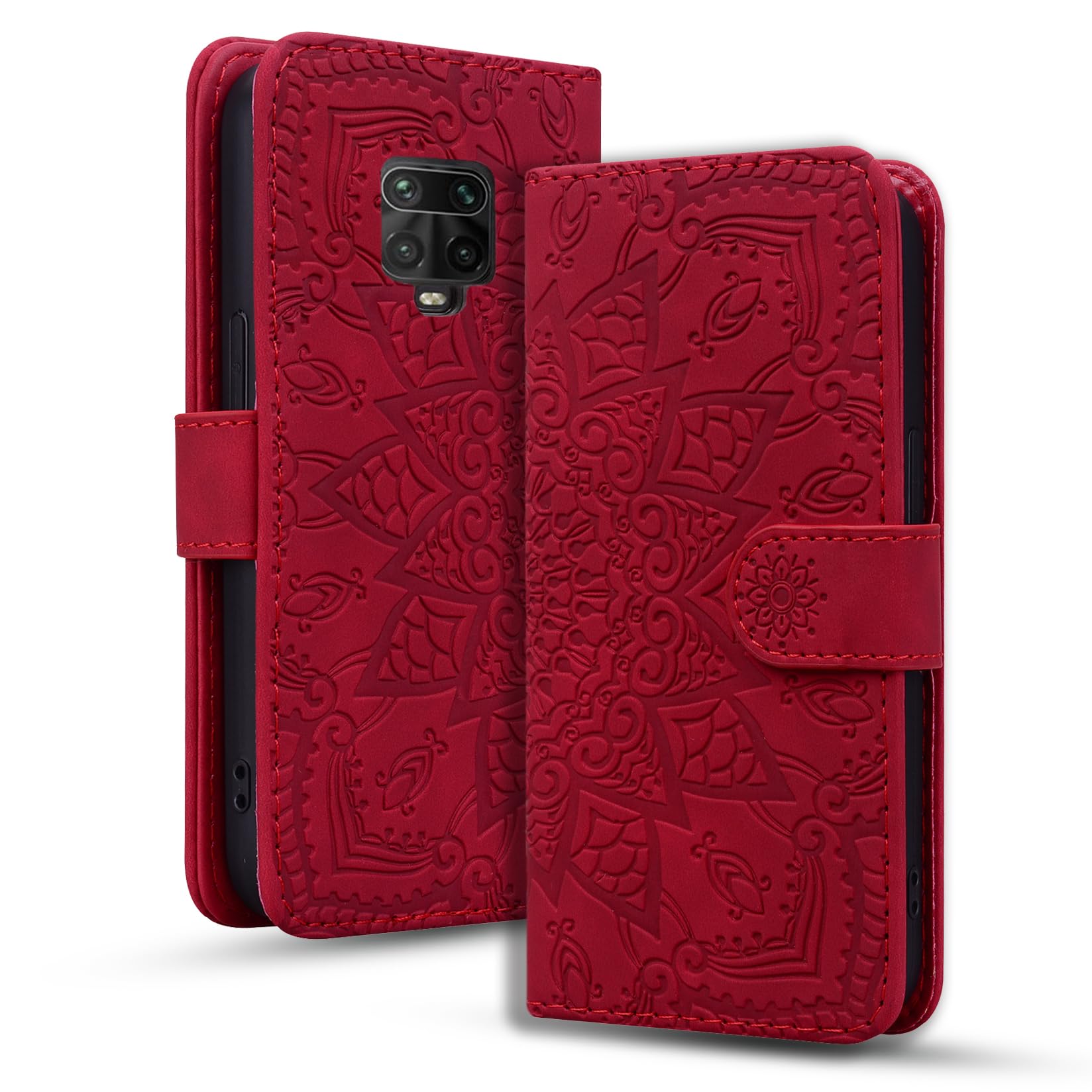 Rosbtib Mobile Case for Xiaomi Redmi Note 9S/ Note 9 Pro Premium PU Leather Case with Magnetic Closure Stand Function Flip Cover Mandala Embossing Xiaomi Redmi Note 9S/ Note 9 Pro - Red