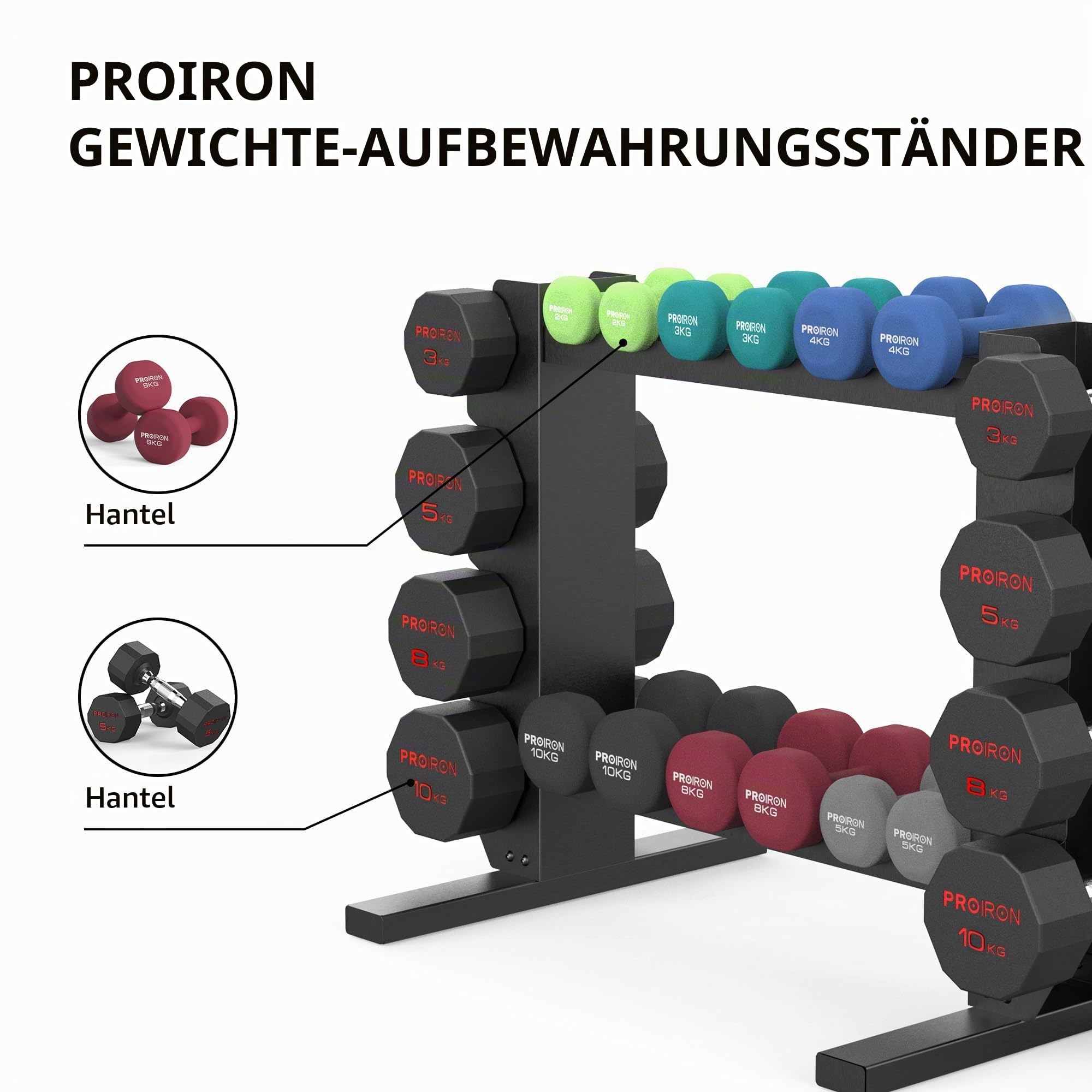 PROIRON Kompakte.stabile Hantelablage 20 Kurzhanteln.Mehrstöckige Hantelablage mit extralangen Stahlrohren (200 kg Belastbarkeit) Hantelständ Gewichtsständ Gewichtsaufbewahrungsständ 7