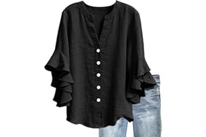 Women's 3/4 Sleeve Cotton Linen Button Down Shirts Fashion Ruffle Trim V Neck Blouses Summer Beach Vacation Tops