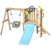 Outsunny Swing Set for Backyard Wooden Toddler Playset Ages 1.5-4 Natural | Outdoor Playset, Baby Swing Seat, Kids Slide, Fort, Captain's Wheel, Telescope, Playground Equipment