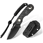 FLISSA Fixed Blade Knife, 7 Inch Full Tang Hunting Knife with Kydex Sheath and Emergency Rope, Tactical Knife with G10 Handle for Survival, Camping, Hiking(Black)