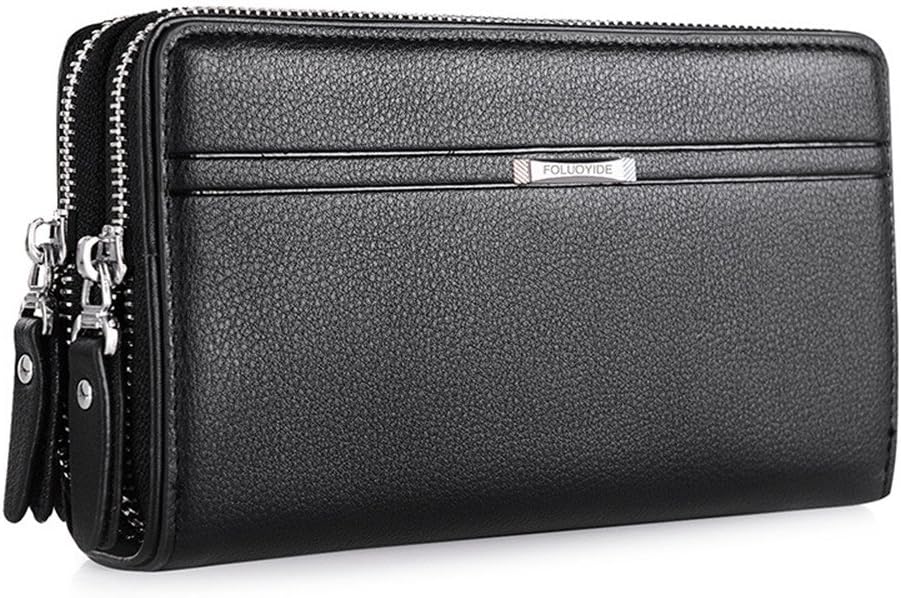 DWE Mens Leather Wallet Purse, Long Cowhide Clutch Bag Pocket Zipper Card Holder Fit iPhone 6plus