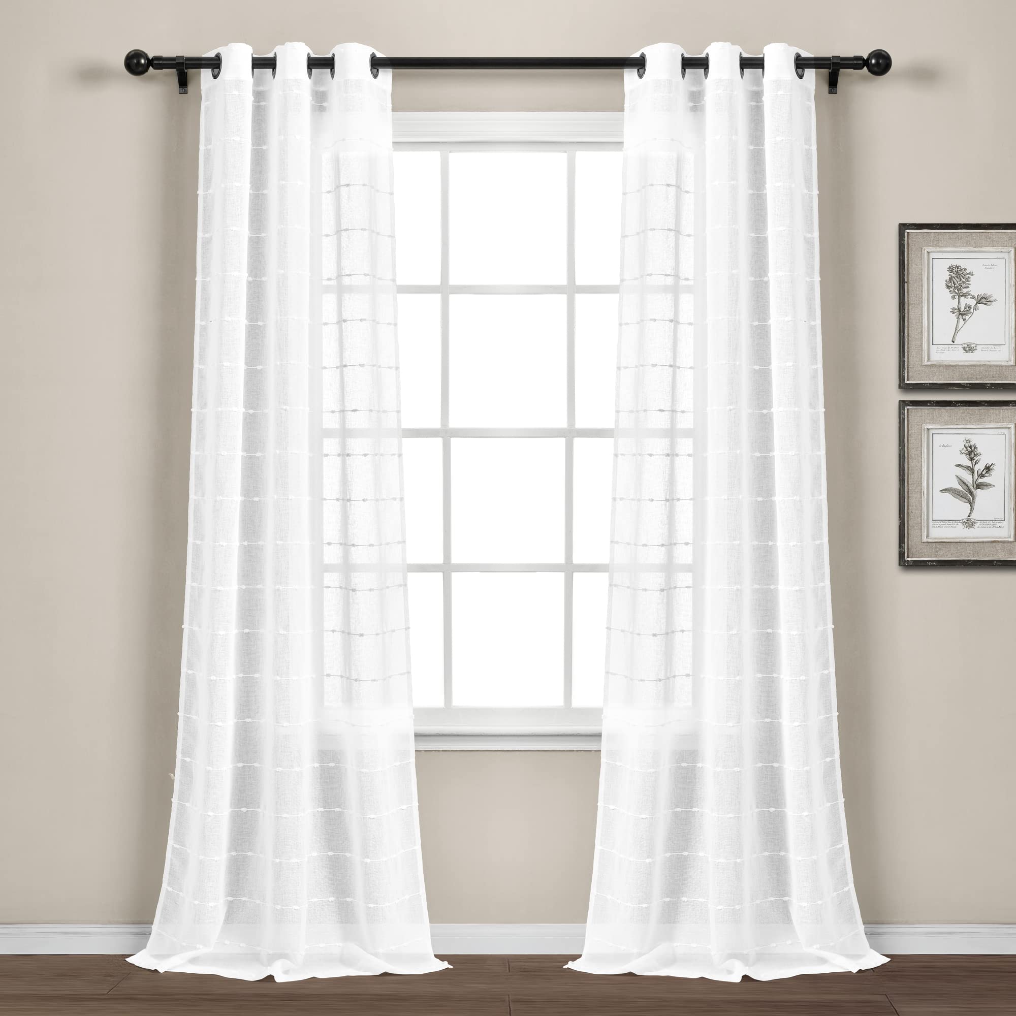 Lush Decor Farmhouse Textured Grommet Sheer Window Curtain Panel Pair, 38"W x 120"L, Bleach White Image