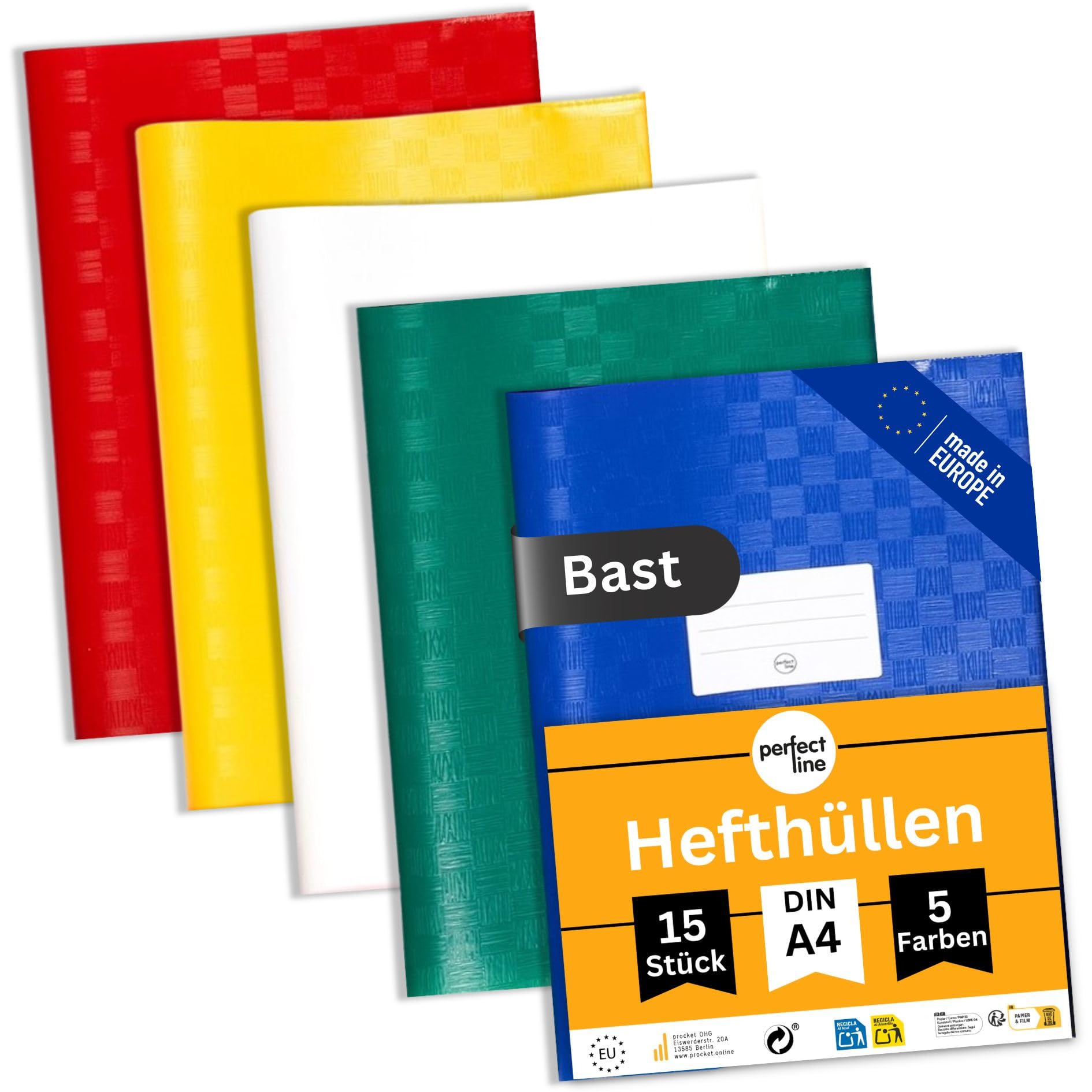 perfect line - 15 Raffia Book Covers DIN A4, 5 Colours, Notebook Cover with Labelling Label, Notebook Cover Made of Recyclable PP, Indelible