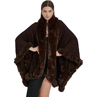 ZLYC Women Fine Knit Open Front Faux Fur Trim Layers Poncho Cape