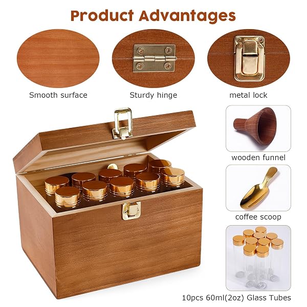 FAMIWARM GLASS COFFEE BEANS STORAGE CONTAINERS, 10PCS SINGLE DOSE COFFEE BEAN STORAGE TUBES WITH WOODEN DISPLAY STAND AND FUNNEL FOR STORAGE SPICES, HERBS, COFFEE BEANS OR CANDY