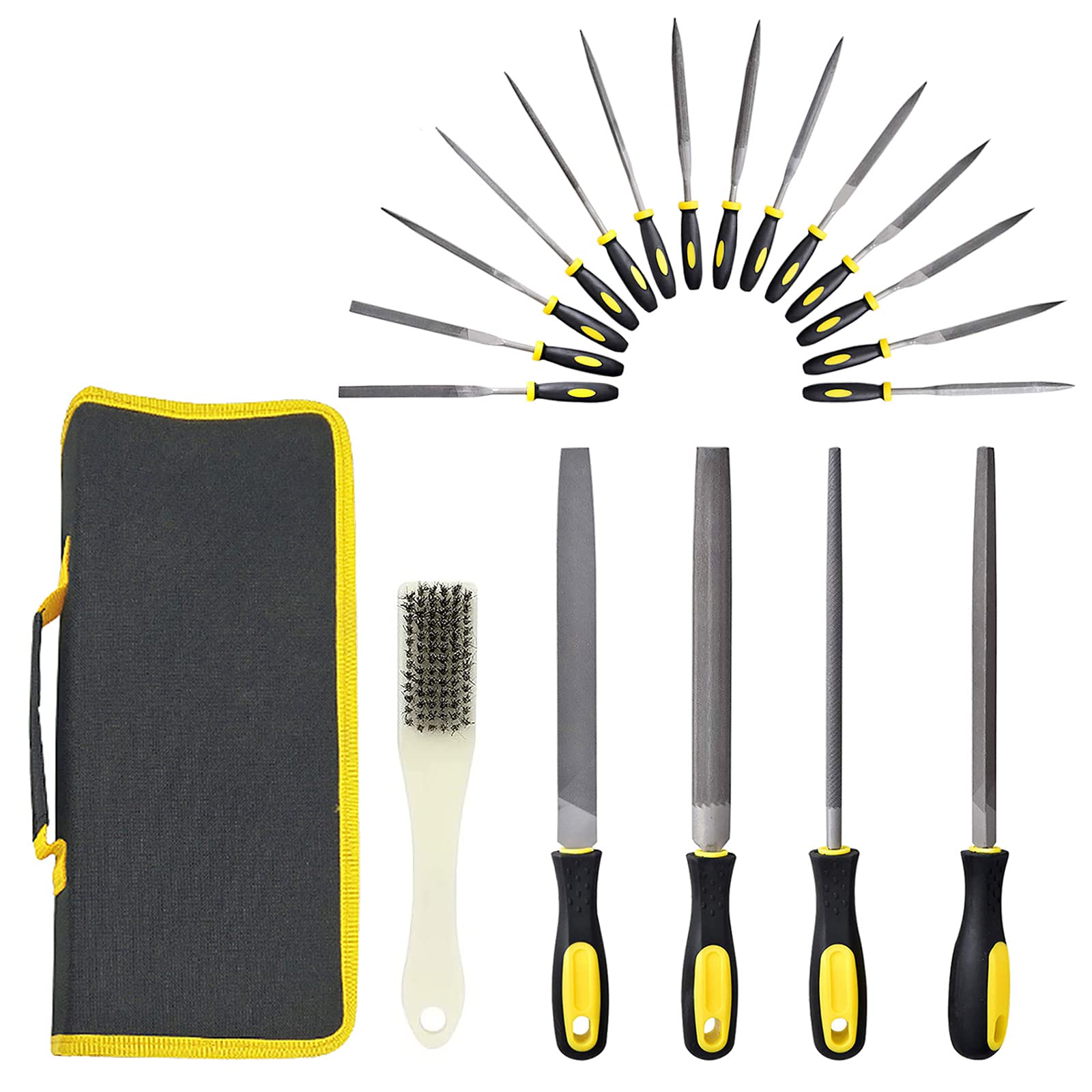 19 in 1 Metal File Set, Wood Rasp File Tool Kit with 4 Pcs Large Flat, Half-Round, Round & Triangle File &14 Pcs Needle File & 1 Pcs Brush for DIY Craftwork, Metal & Woodwork (19 Pcs)