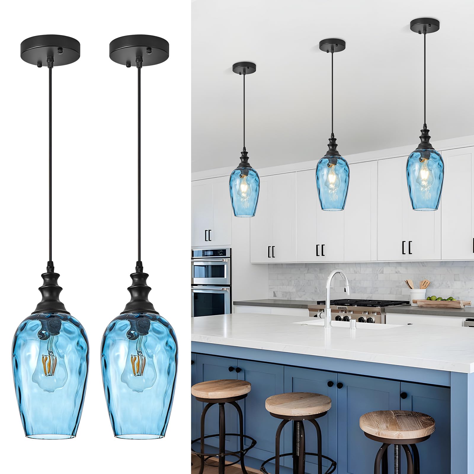 Photo 1 of AIBISOD Glass Pendant Lights Kitchen Island, Modern Farmhouse Blue Hanging Indoor Kitchen Island Pendant Lighting, Adjustable Cable, Hand Blown Glass Shade & E26 Base for Bathroom, Hallway, 2 Pack