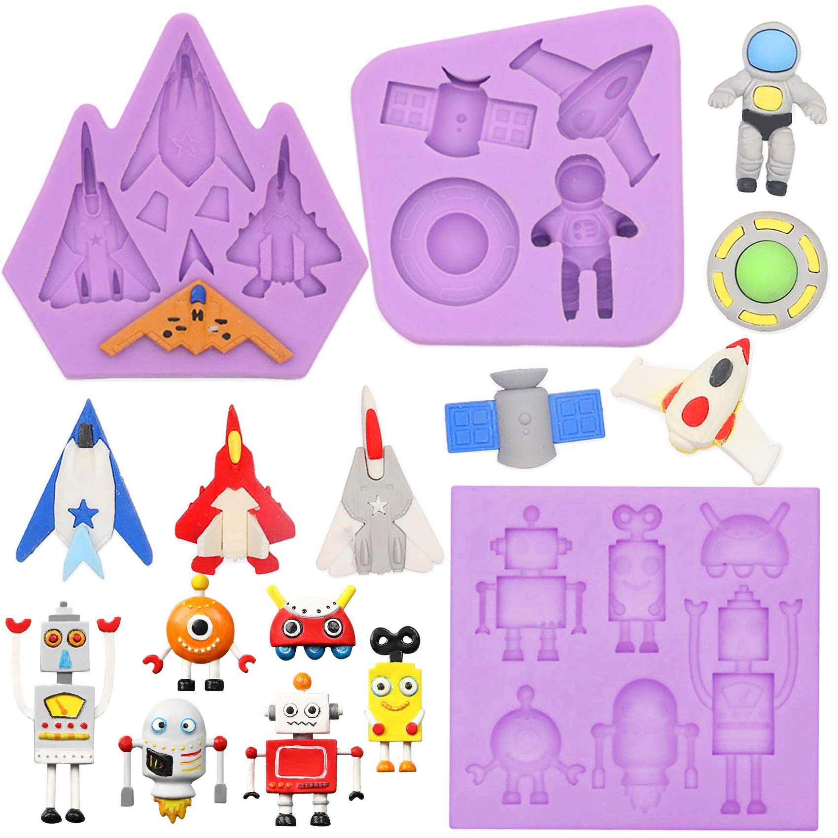 Outer Space Fondant Silicone Moulds Robot Spaceship Astronaut Spacecraft 3-Count Sugarcraft Cake Decorating, Cupcake Topper, Epoxy Resin, Polymer Clay