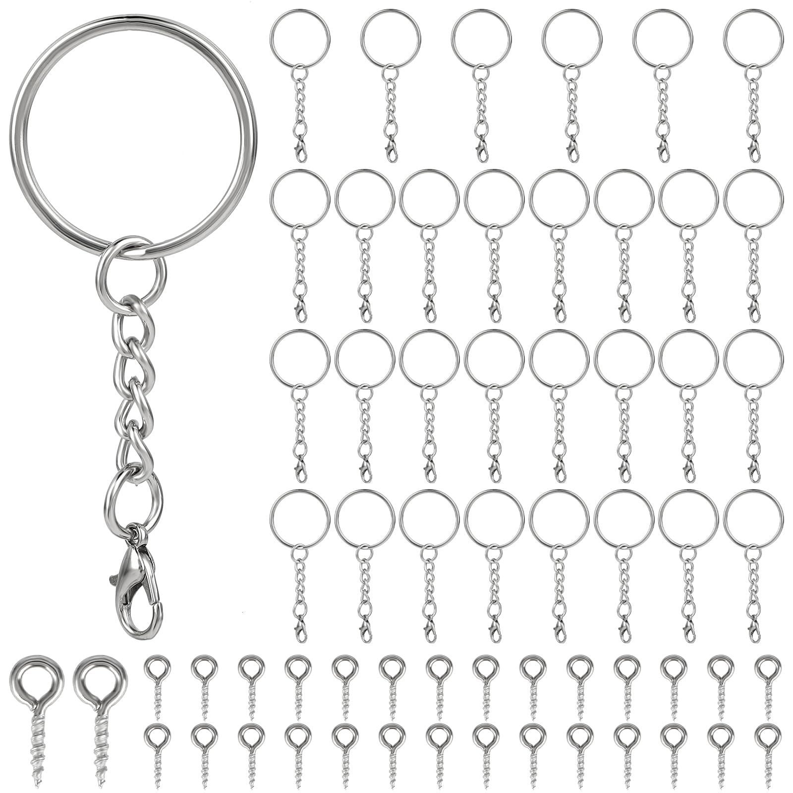 Bewudy 30PCS Split Key Ring with Chain, Silver Key Chain Kit with Jump Rings Lobster Clasp and Screw Eye Pins Bulk for Crafts Jewelry Making
