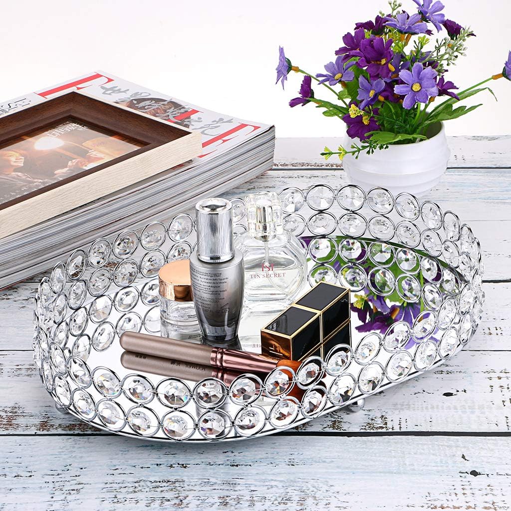 Hipiwe Mirrored Crystal Vanity Makeup Tray, Ornate Jewelry Trinket Decorative Tray Cosmetic Perfume Display Organizer Tray,Home Decor Tray for Dresser/Bathroom (Ellipse): Home Improvement